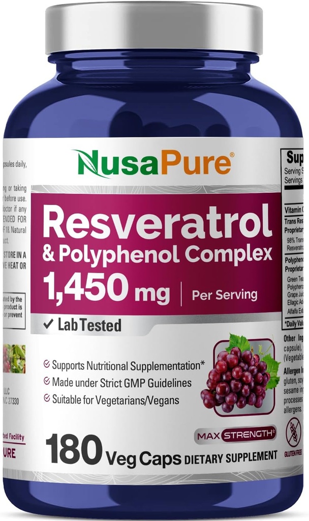 NusaPure Resveratrol & Πολυφαινόλη Συγκρότημα 1450mg 180 Χορτοφαγικά Caps (Non-GMO, Vegan) Βιταμίνη C