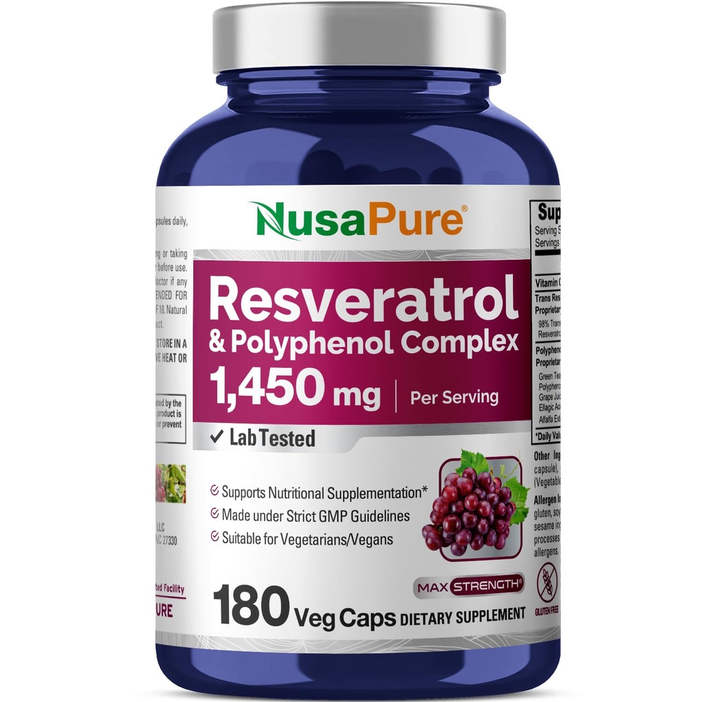 NusaPure Resveratrol & Πολυφαινόλη Συγκρότημα 1450mg 180 Χορτοφαγικά Caps (Non-GMO, Vegan) Βιταμίνη C