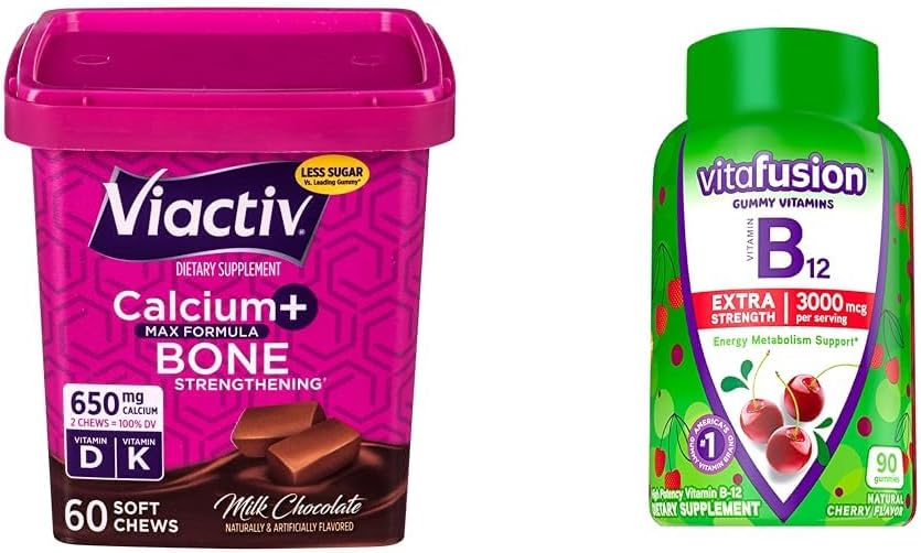 Viactiv Ασβέστιο +Βιταμίνη D3 συμπλήρωμα μαλακά μάσημα, σοκολάτα γάλακτος, 60 μάσημα & Vitafusion Επιπλέον δύναμη Βιταμίνη Β12 Gummy Βιταμίνες για την υποστήριξη του μεταβολισμού ενέργειας