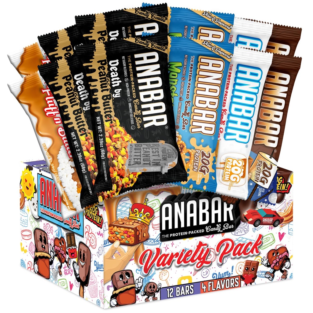 Anabar Protein Bar, The Protein-Packed Candy Bar, World's Best Tasting Protein Bar, No Sugar Alcoins, High Protein, Amazingly Delicious, 20 Grams of Protein (12 Bars, Variety Pack)