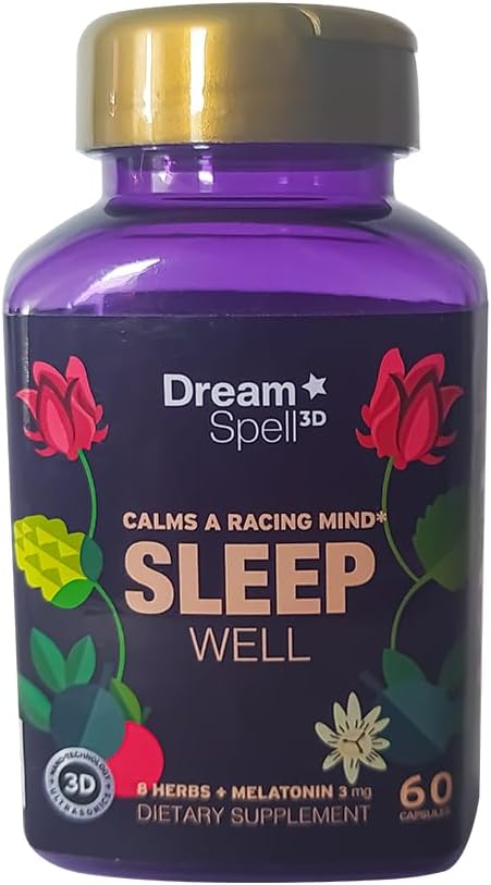 Dream Spell 3D Natural-Based Sleep Aid - Καταπραΰνει ένα μυαλό συναγερμού, Όχι επόμενης ημέρας Grogginness-τοξικο-ελεύθερος καινοτόμος Φόρμουλα με 3Mg μελατονίνη, GABA, λυκίσκοι - Ξεκούραστες νύχτες, Αναψυκτικά πρωινά - 60 κάψουλες