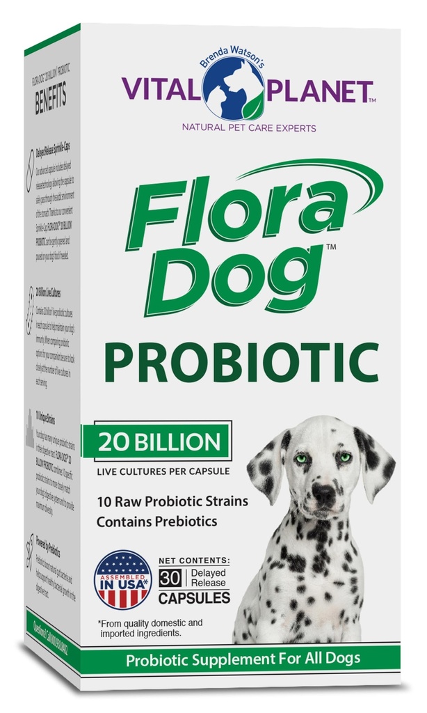 Vital Planet - Flora Dog Probiotic Capsules Supplement with 20 Billion Cultures and 10 Strains, High Potency Immune and Digestive Support Probiotics for Dogs, 30 Delayed Release Capsules