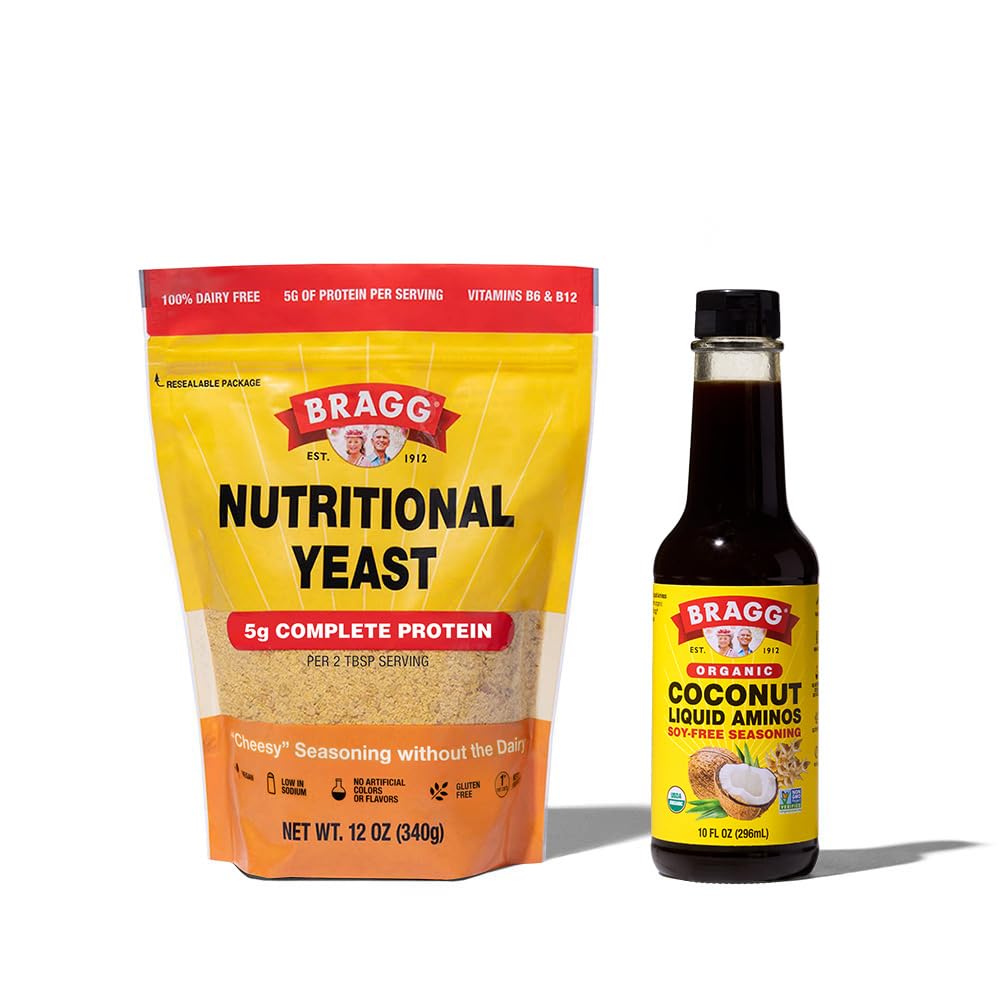 Bragg Premium 12 Ουγγιά Διατροφική Yeast καρύκευμα πουγκί - Vegan, χωρίς γλουτένη flakes τυριού και καρύδας Aminos, All Re Σκοπός καρύκευμα, 10 Oz, Single