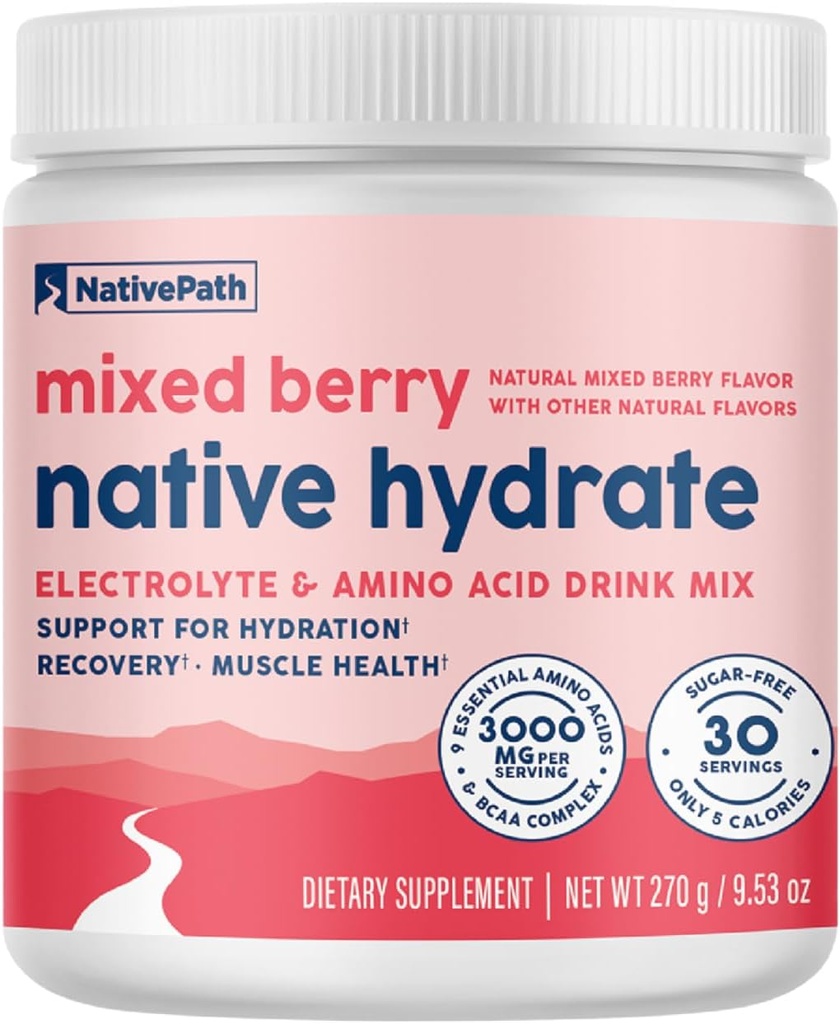 NativePath Native Hydrate, Zero Sugar, Ηλεκτρολυτές σκόνη με BCAAs, Μικτή Ύδρωση μούρων, Κέτο & Παλαιό Φιλικό, 30 εξυπηρετήσεις