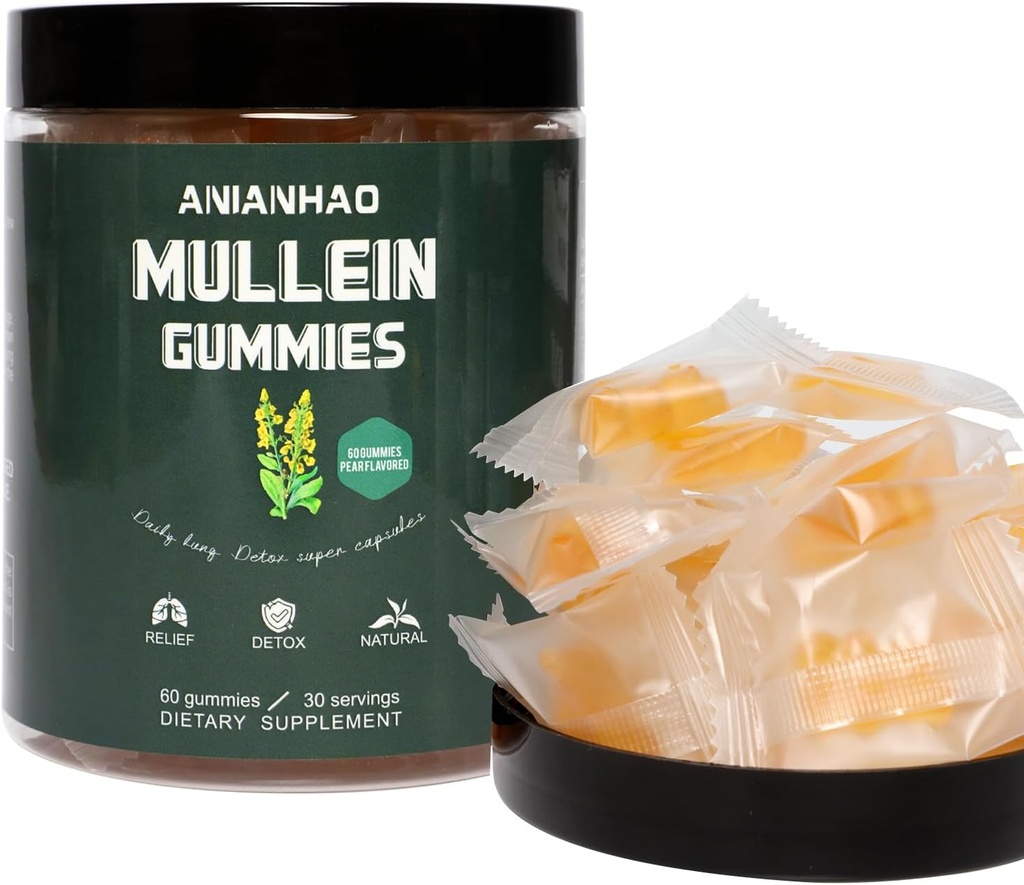 Mullein Gummies 2000mg για την υποστήριξη πνεύμονα, καθημερινή αναπνευστική υγεία Gummies, Mullein Leaf Extract, Vegan & Non-GMO, Pear Flavor, Lung Health & Sinus Relief