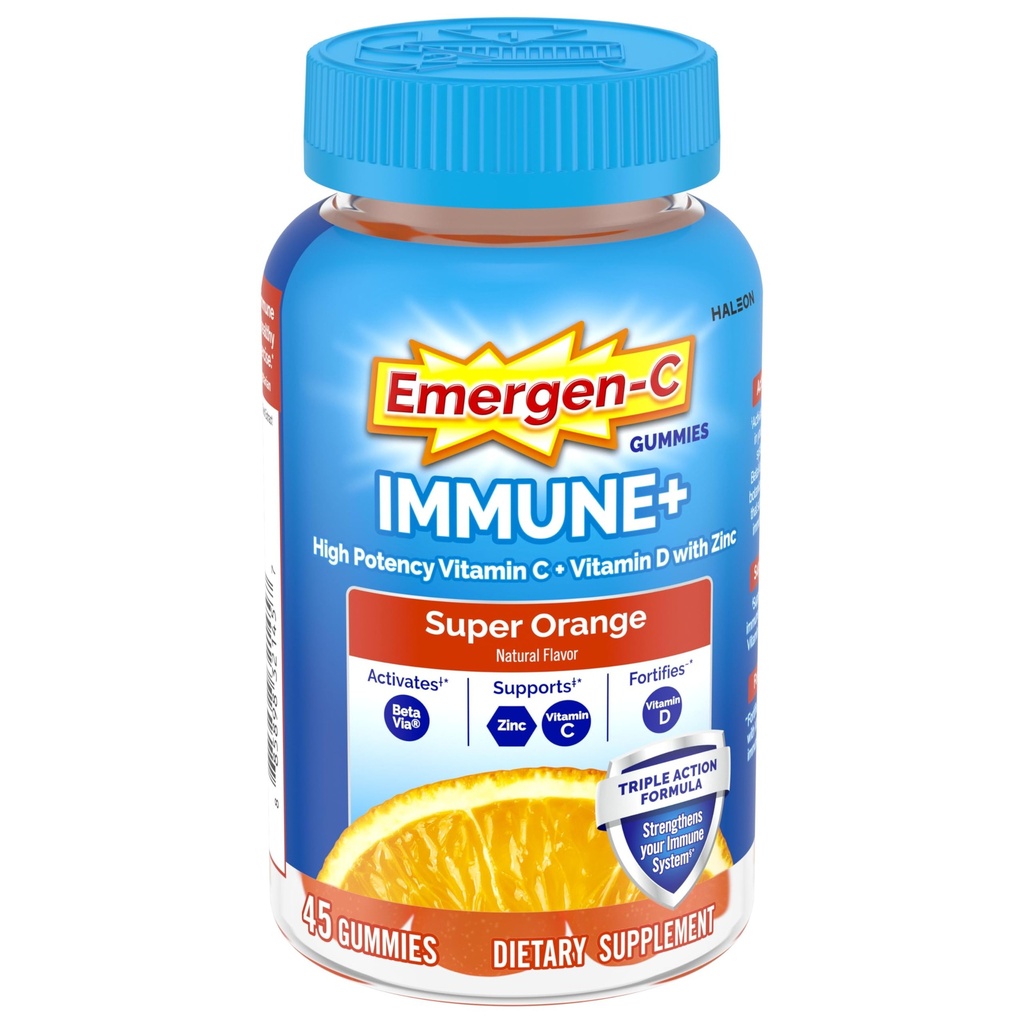 Emergen-C Immune+ Triple Action Immune Support Gummies, BetaVia (R), 1000mg Βιταμίνη C, Β Βιταμίνες, Βιταμίνη D και Αντιοξειδωτικά, Super Orange, Επιστροφή στο σχολείο Απαραίτητα - 45 Count