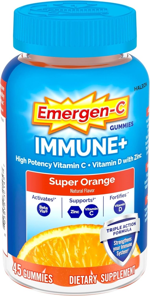 Emergen-C Immune+ Triple Action Immune Support Gummies, BetaVia (R), 1000mg Vitamin C, B Vitamins, Vitamin D and Antioxidants, Super Orange, Back to School Essentials - 45 Count