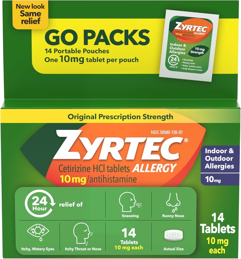 Zyrtec 24 ώρες Alergy Relief Tablets, Antihistamine Indoor & Outdoor Anti Allergy Medicine + Cetirizine HCl, Relief from Runny Nose, Sneezing, & Ichy Eyes, Single Packs, 14 x 1 ct Packets