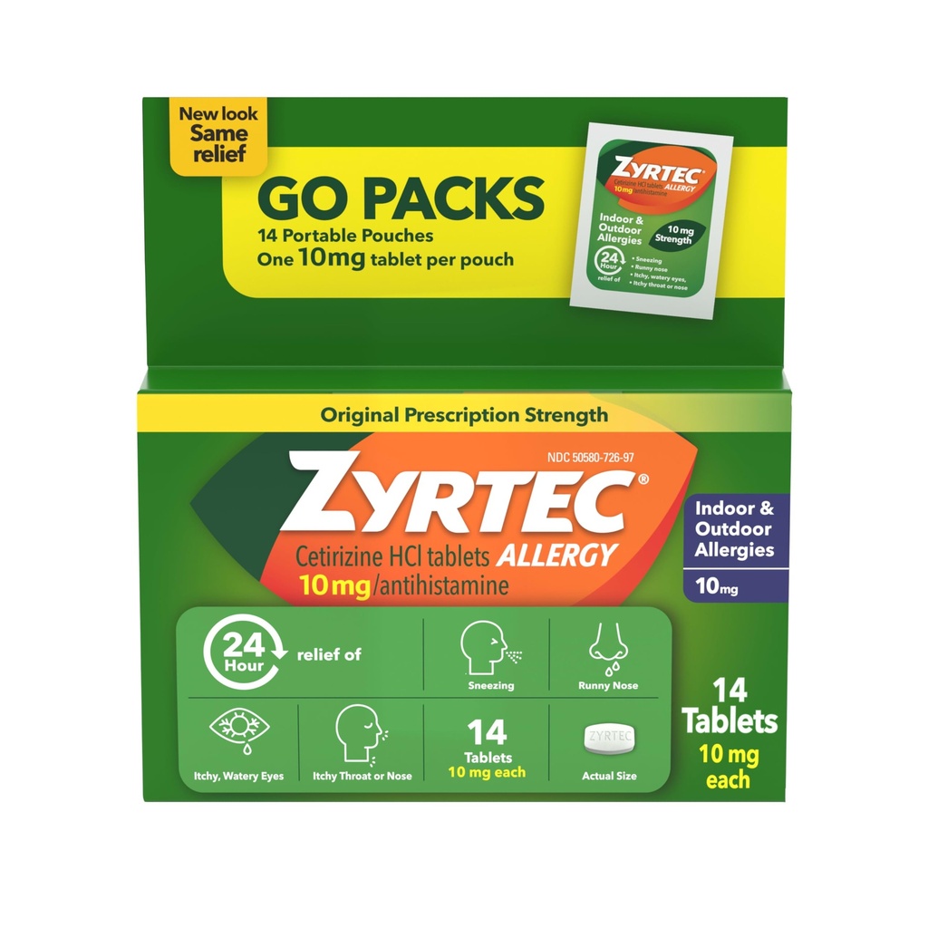 Zyrtec 24 Hour Allergy Relief Tablets, Antihistamine Indoor & Outdoor Anti Allergy Medicine + Cetirizine HCl, Relief from Runny Nose, Sneezing, & Itchy Eyes, Single Packs, 14 x 1 ct Packets