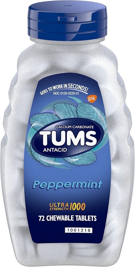 TUMS Ultra Strength Chewable Antacid Tablets for Heartburn Relief, Peppermint - 72 Count