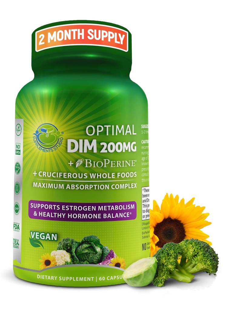 Βέλτιστη DIM 200mg συμπλήρωμα για γυναίκες και άνδρες - Φτιαγμένο με οργανικά ολόκληρα τρόφιμα - Οιστρογόνα & ορμονική ισορροπία Υποστήριξη Diindolylmethane Complex - Μέγιστη απορρόφηση Καθυστερημένες κάψουλες - 60 κόμης