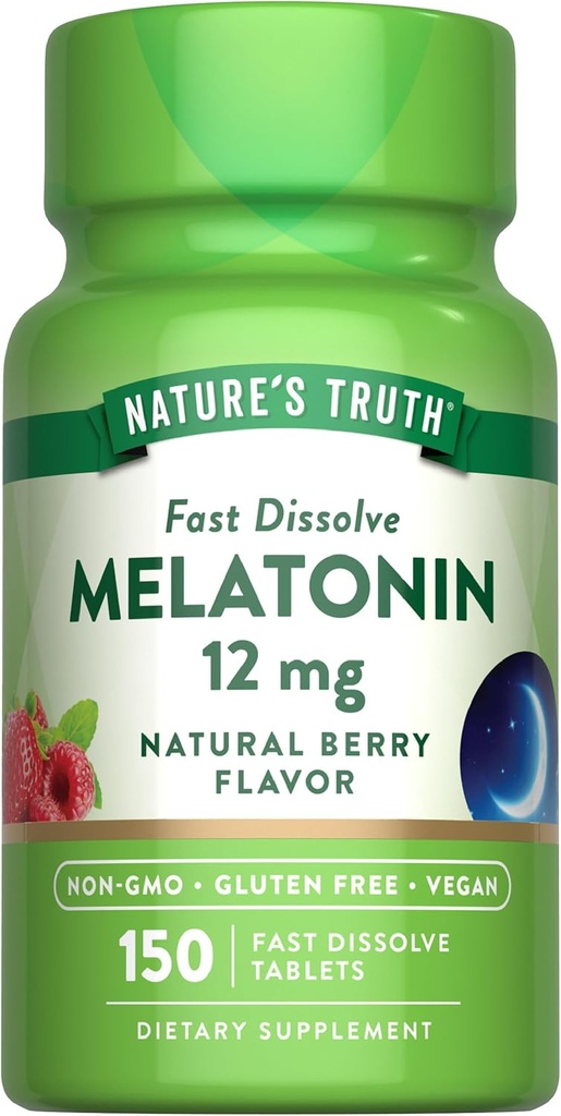 Nature's Truth Melatonin 12 mg | 150 Tablets | Quick Dissolve | Natural Berry Flavor | Vegan, Non-GMO & Gluten Free Supplement for Adults
