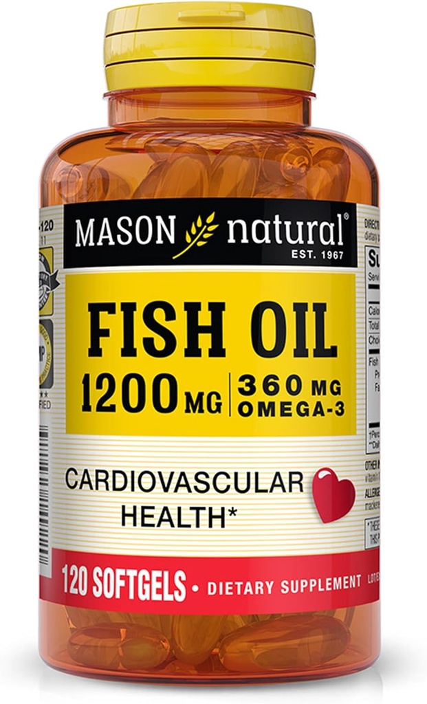 MASON NATURAL Fish Oil 1,200 mg Omega-3 360 mg - Healthy Heart, Supports Circulatory Function, Improved Cardiovascular Health, 120 Softgels