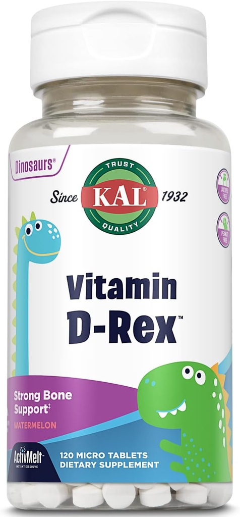 KAL Βιταμίνη D-Rex, Παιδική Βιταμίνη D, Φυσικό Καρπούζι Γεύσεις Άμεση Διάλυση Λιώνει, Ανοσοποιητικό, Καρδιά, Οστά, και Στοματική Υγεία Υποστήριξη, 120 Μερίδες, 120 Micro Tablets