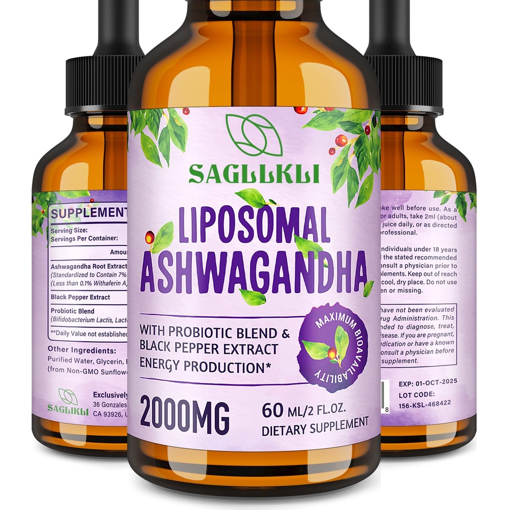 Liposomal Ashwagandha Liquid Drops 2000mg, Ashwagandha Root Extract Supplement (7% Withanolides) με Black Pepper Extract & Probiotics για Εστίαση, Γνώση & Ενέργεια - 2 FL.OZ (1 φιάλη)