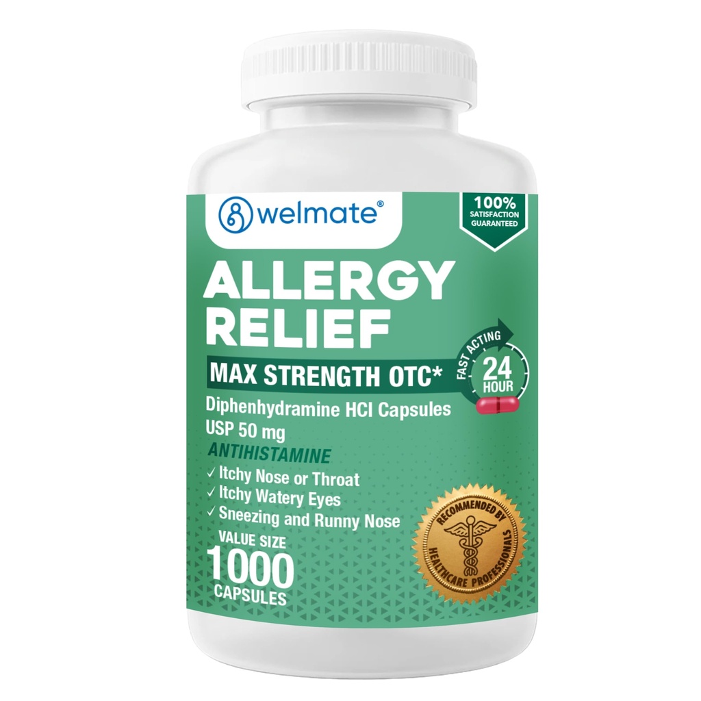 WELMATE Allergy Relief - Diphenhydramine 50 mg - 1000 Count Capses - Αντιισταμινικό - Αλλεργία & Ψυχρά Συμπτώματα - Φτάρνισμα, Ρύζι μύτη, Ίτσι Μάτια & Λαρύγγι