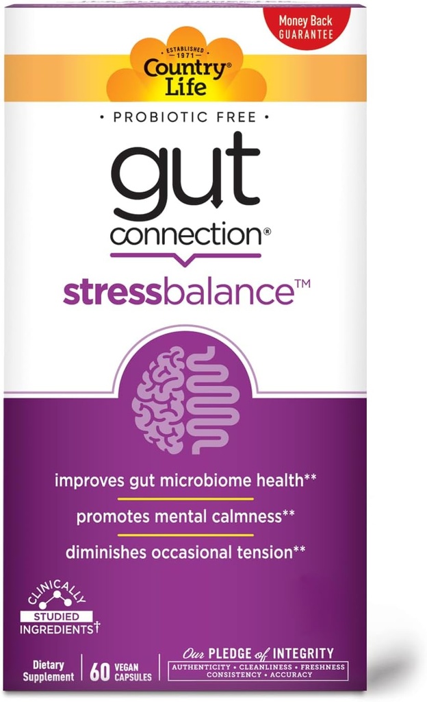Country Life Gut Connection Stress Balance 60 Vegan Κάψουλες, πιστοποιημένες χωρίς γλουτένη, πιστοποιημένες Vegan, μη ΓΤΟ Επαληθευμένο