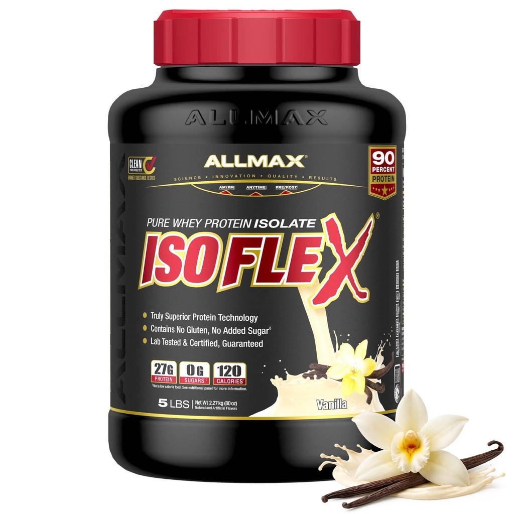 ALLMAX ISOFLEX Pure Whey Isolate Protein Powder - Gluten Free, Low Lactose, Sugar-Free - High-Protein, Clean, Keto-Friendly for Pre Post Workout Supplement for Women and Men | Vanilla, 5lb