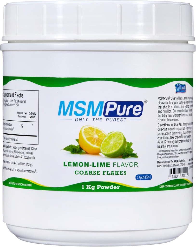 KALA ΥΓΕΙΑ MSMPure Lemon Lime Flavored Coarse MSM Σκόνη Fleakes – US-Made MSM για κοινή υγεία, εμφάνιση του δέρματος, και Hair & Nail Support – 2,2 lb, Βιολογικό Sulfur