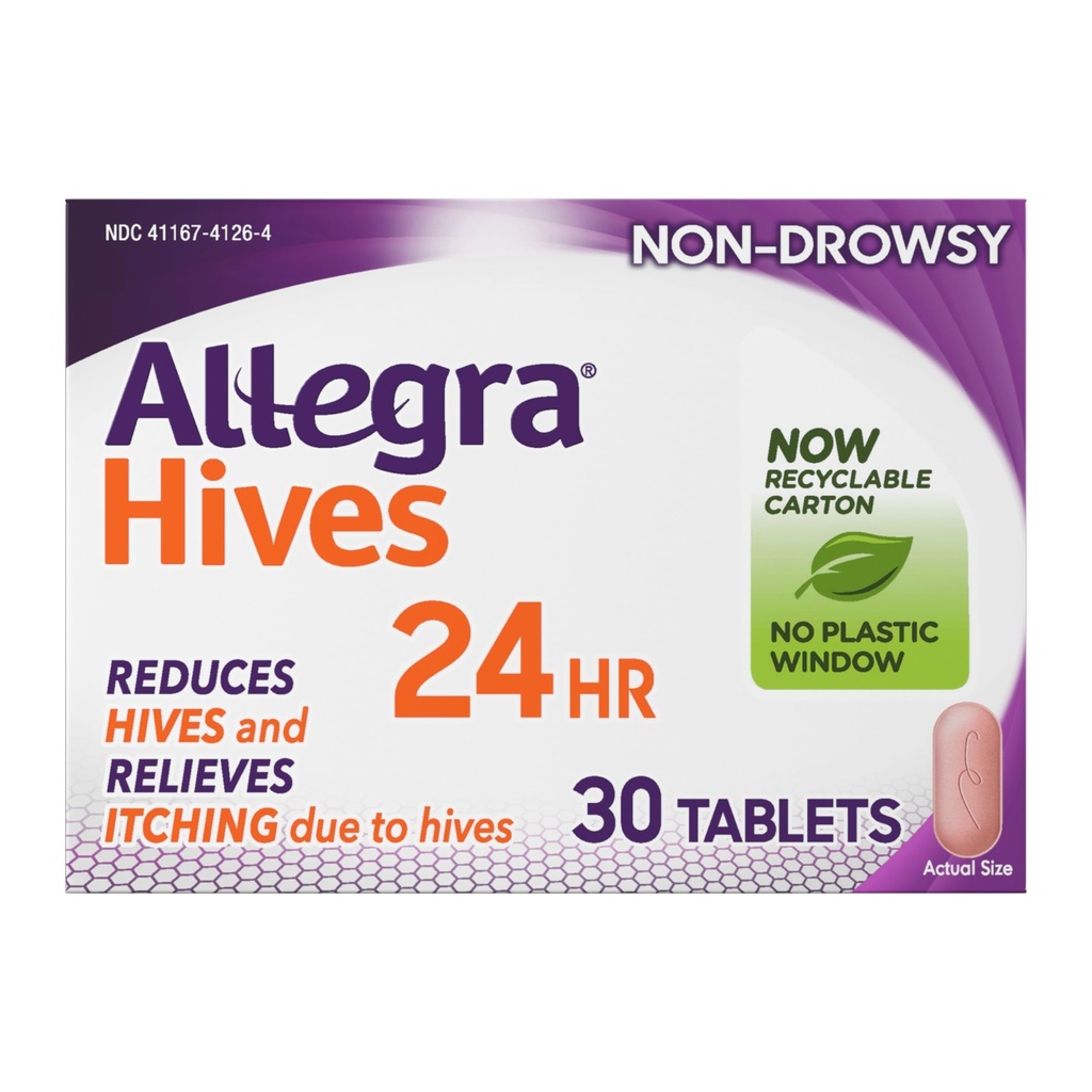 Allegra Hives Αντιισταμινικά Δισκία 24 ωρών, Μείωση της Κυψέλης χωρίς υπνηλία και ανακούφιση της Κυψέλης, 180 mg Fexofenadine HCI, 30 mg