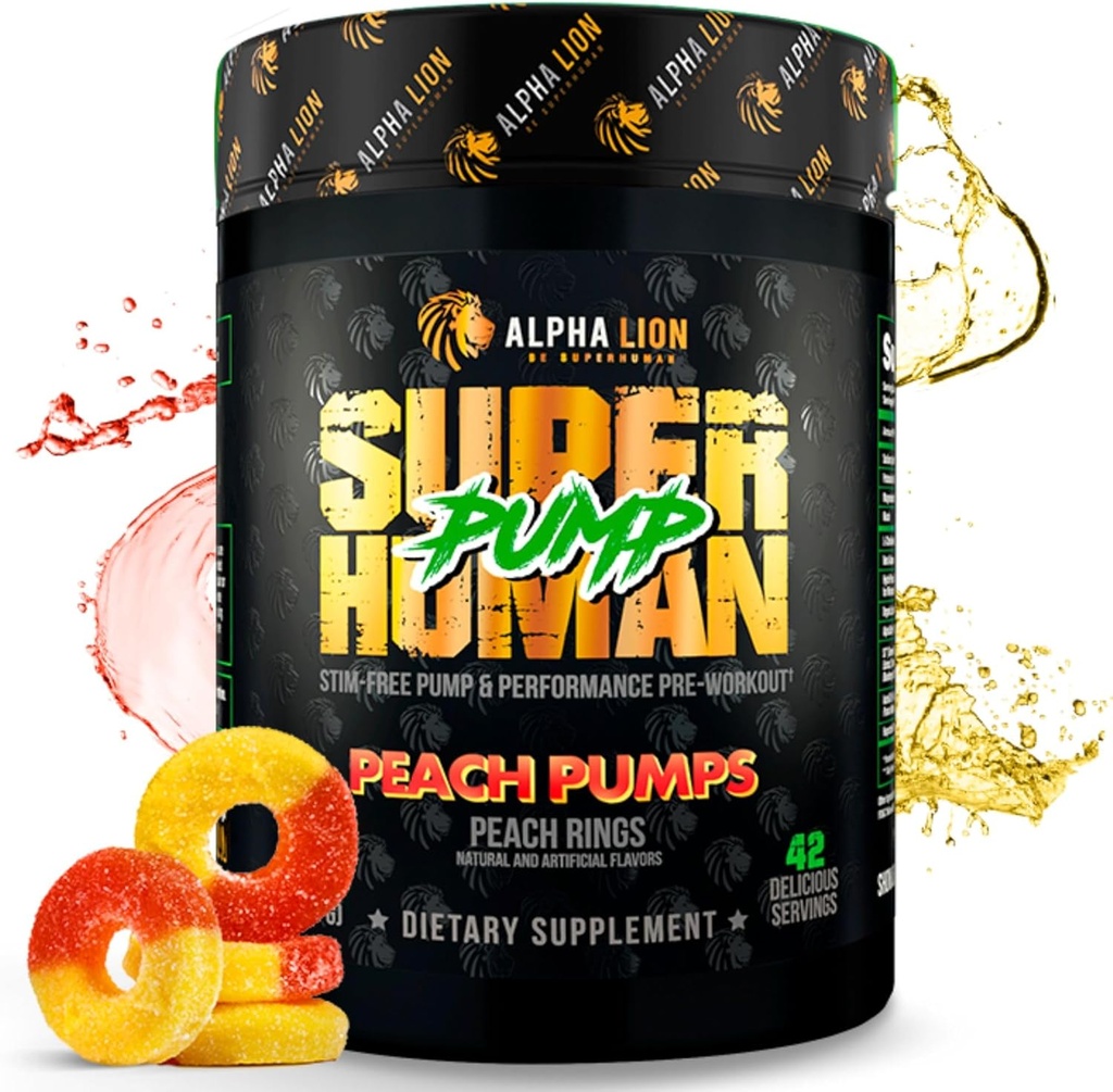 ALPHA LION Superhuman Pump Pre Workout Powder, Nootropic Caffeine & Stim Free Preworkout Supplement, Nitric Oxide Booster, Mus Gainer, Energy & Focus (42 Σερβιέτες, Ροδάκινα Αντλίες Γεύσης)