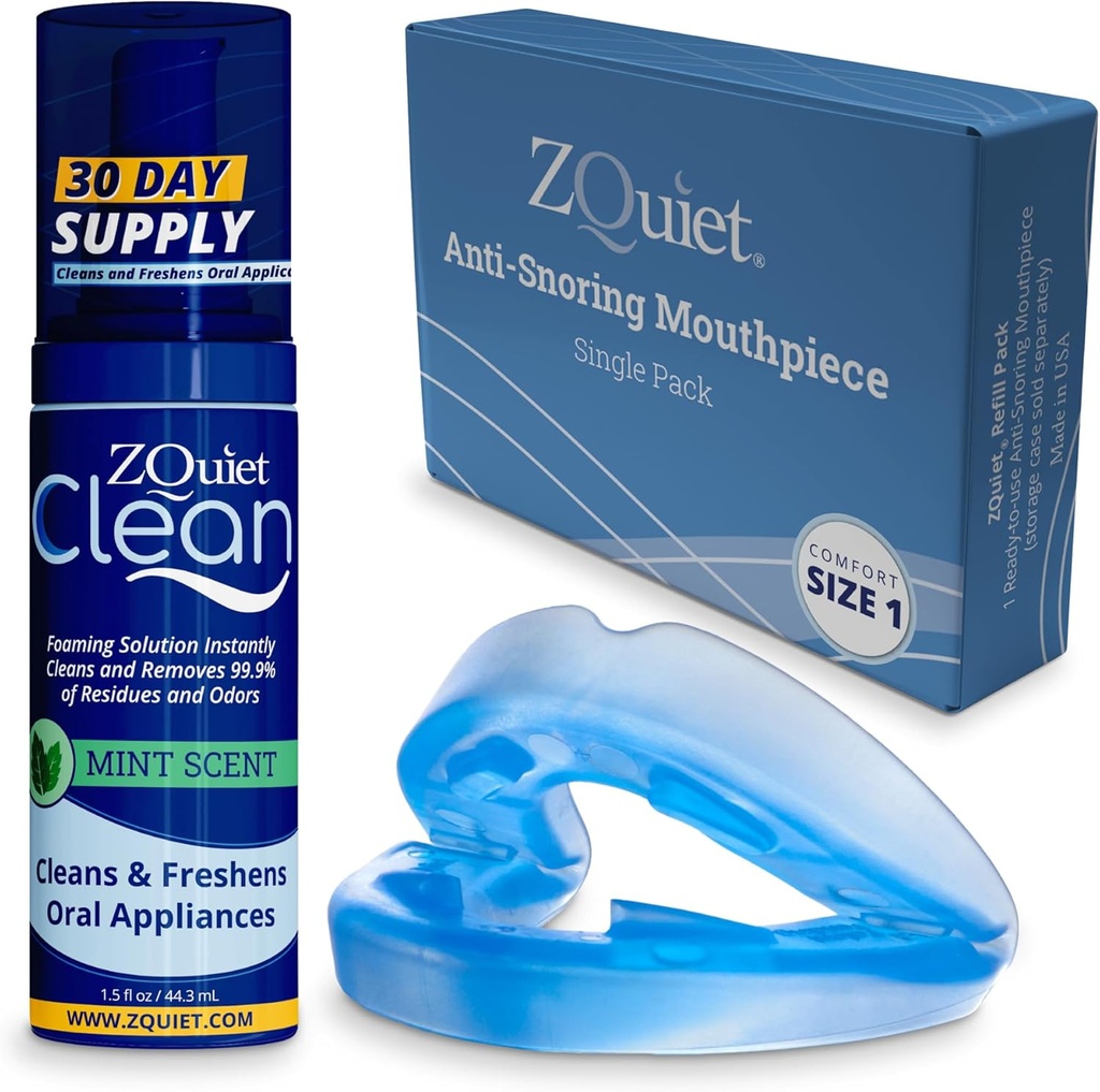 ZQuiet Anti-Roring Mouthpiece Solution - Comfort Size #1 (Single Device) + Καθαρότερο (1,5oz Bottle) - Κατασκευάζεται στις ΗΠΑ Snoχαλίζοντας λύση για ένα καλύτερο νυχτερινό ύπνο (μπλε)