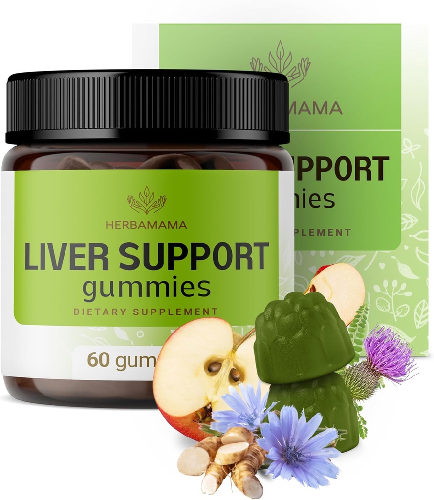 HERBAMAMA Liver Support Gummies - Βότανο Complex για το συκώτι Detox και Cleanse - Vegan, μη ΓΤΟ συνολικό συμπλήρωμα υποστήριξης - 60 Pectin-based Apple-Flavored Chews