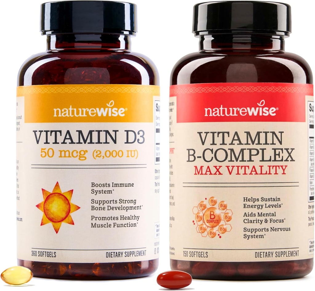 NatureWise Vitamin D3 2000iu 360 Count and Vitamin B Complex 150 Softgels - Healthy Muscle Function, Immune Support, Cellular Energy, Mental Clarity