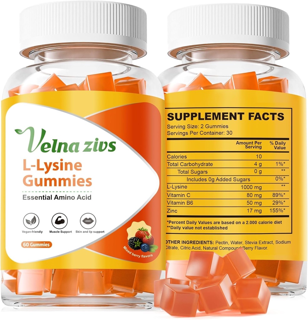 L-Lysine Gummies 1000mg, Chewable Lysine Συμπληρώματα για Ενήλικες, Ζάχαρη Χωρίς Lysine για Ψυχρή Πονηρή * Θεραπεία, Ανοσολογική Υποστήριξη με Βιταμίνη, Δέρμα και Χείλη Υγεία*, Vegan, Μη ΓΤΟ, 60 Μετρητές