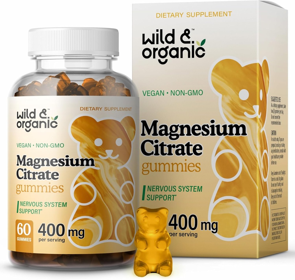 Άγριο & Οργανικό Μαγνήσιο Κιτρικό Gummies 400 mg - Χαλαρωτικά Μασώμενα για την ηρεμία και τη διάθεση - Συμπληρώματα γαλήνιας Κιτρικής Μαγνήσιο - 60 Vegan, Μη-ΓΤΟ Μασούρια Σκόνης
