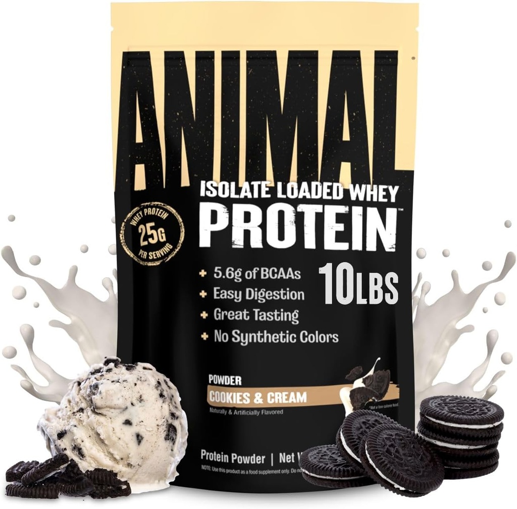 Animal Whey Isolate Protein Powder - Loaded for Pre & Post Workout Muscle Builder and Recovery with Digestive Enzymes for Men & Women - 25g Protein, Great Taste, Low Sugar - Cookies & Cream 10 lbs