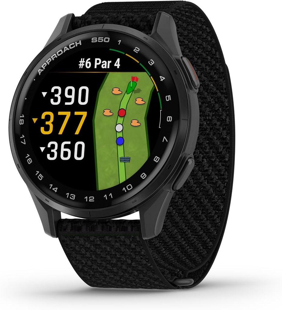 Garmin Approach® S50, Advanced Golf GPS Smartwatch, AMOLED Display, On-Course Χαρακτηριστικά, Καρδιά Βασισμένο σε Wrist, Slate Aluminium Bezel με Black ComfortFit Nylon Band