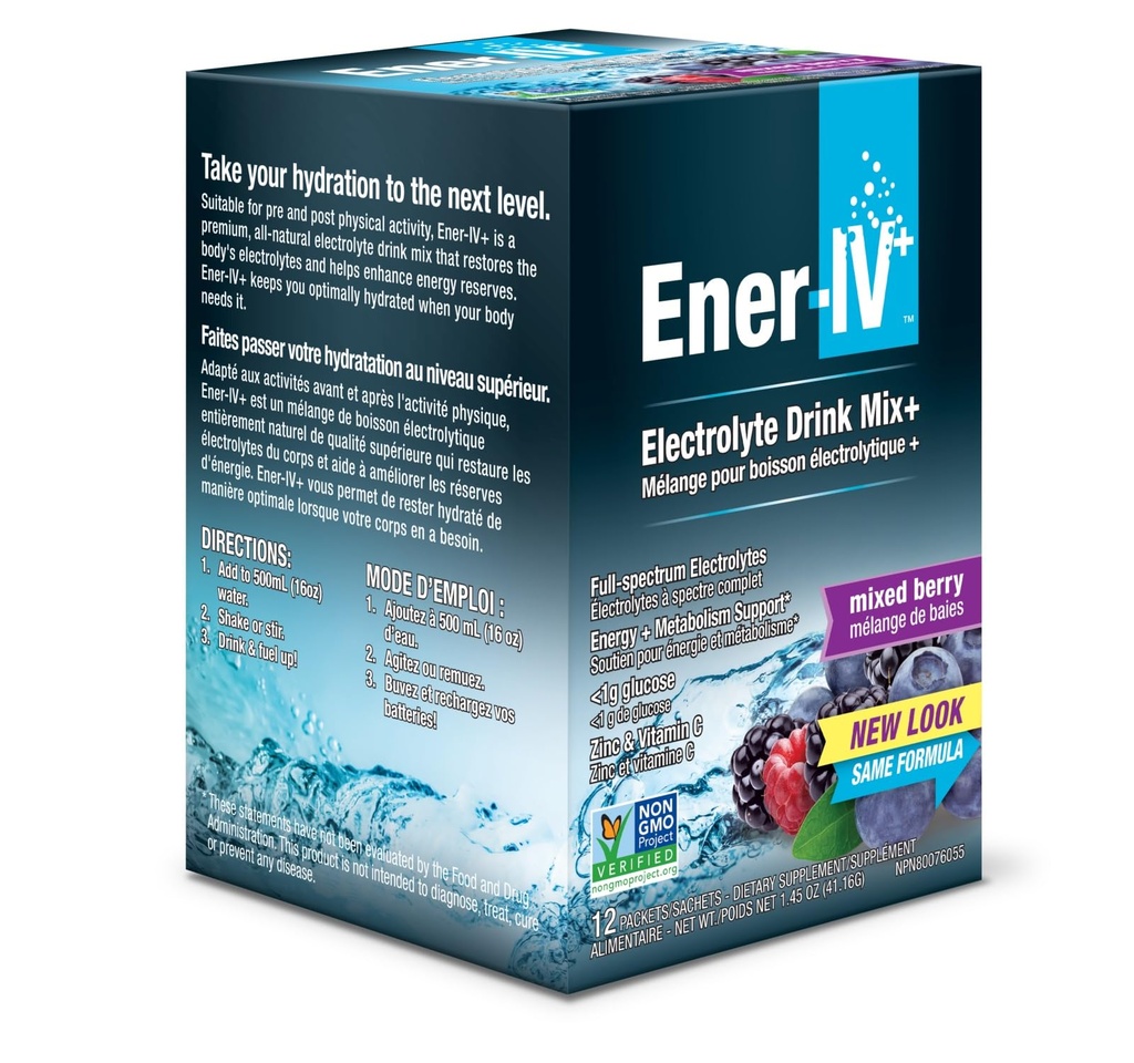 Ener-IV Ηλεκτρολυτική Ενυδάτωση & Ενέργεια Ποτό Κάλιο Βιταμίνη C & Ψευδάργυρος Ηλεκτρολύτες Powder Packets - Ανάκτηση μυών & Ασυλία Αθλητικά Ποτά για γυναίκες & άνδρες Χαμηλή ζάχαρη Vegan, Μικτό μούρο - 12 κόμης