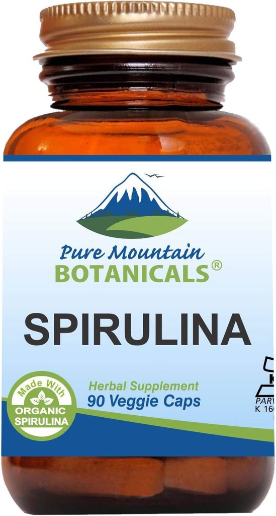Pure Mountain Botanicals Spirulina Κάψουλες - 90 Kosher Vegan Caps - Τώρα με 450mg οργανική σκόνη Spirulina - Superfood συμπλήρωμα της φύσης
