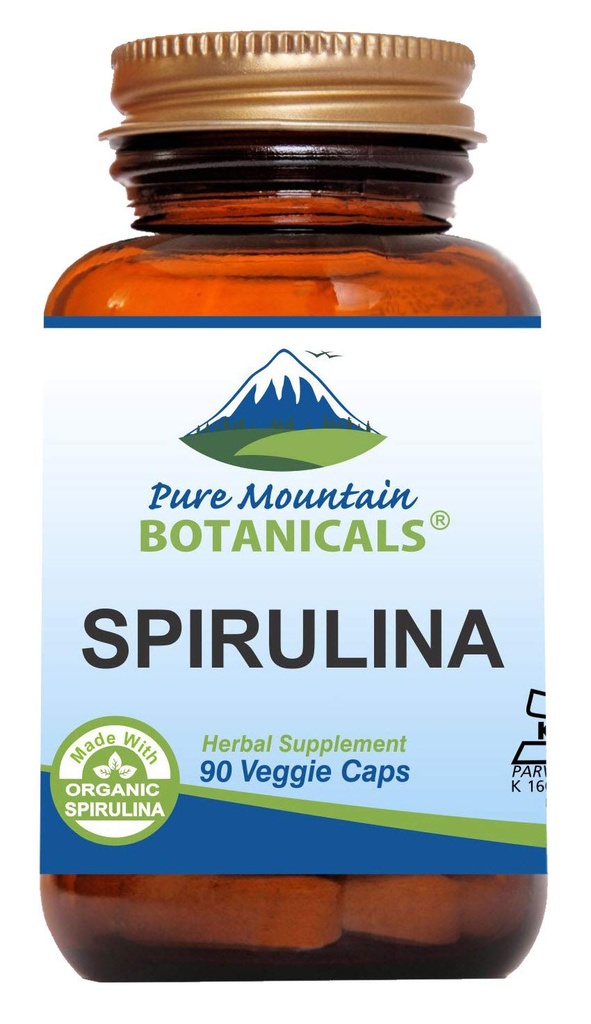 Pure Mountain Botanicals Spirulina Κάψουλες - 90 Kosher Vegan Caps - Τώρα με 450mg οργανική σκόνη Spirulina - Superfood συμπλήρωμα της φύσης