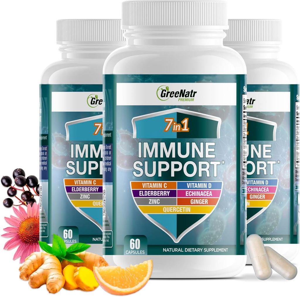 GreeNatr Immune Support Supplement with Vitamin C, D3, Zinc 50mg, Quercetin, Echinacea Purpurea, Sambucus Elderberry and Ginger for Complete Immune Defense - 60 Capsules (3 Bottles)
