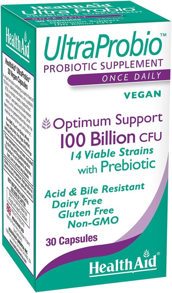 HealthAid UltraProbio, 100 δισεκατομμύρια 30ct μία φορά καθημερινά κάψουλες, βέλτιστη υποστήριξη, 100 δισεκατομμύρια με προβιοτικό, οξύ και ανθεκτικό στη χολή, μη GMO