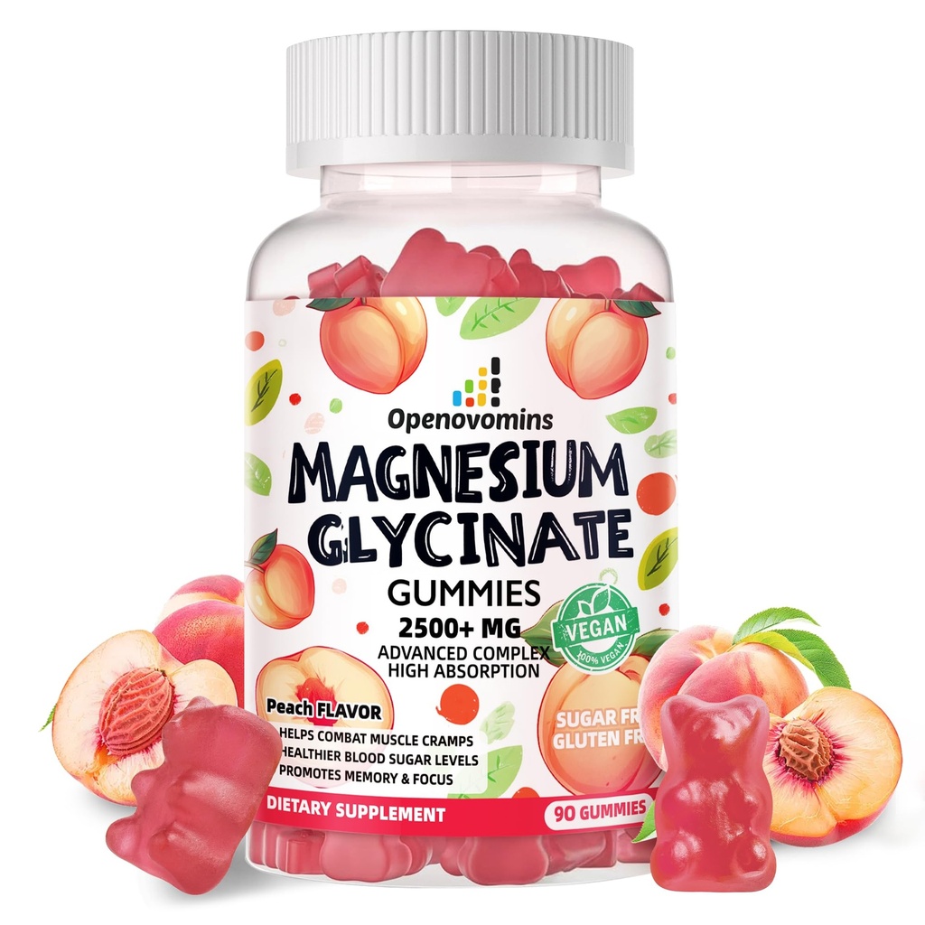 Magnesium Glycinate Gummies 2500mg - Sugar Free Magnesium Potassium Supplement with Vitamin D, B6, CoQ10 for Calm Mood & Sleep Support - 90 Peach Gummies