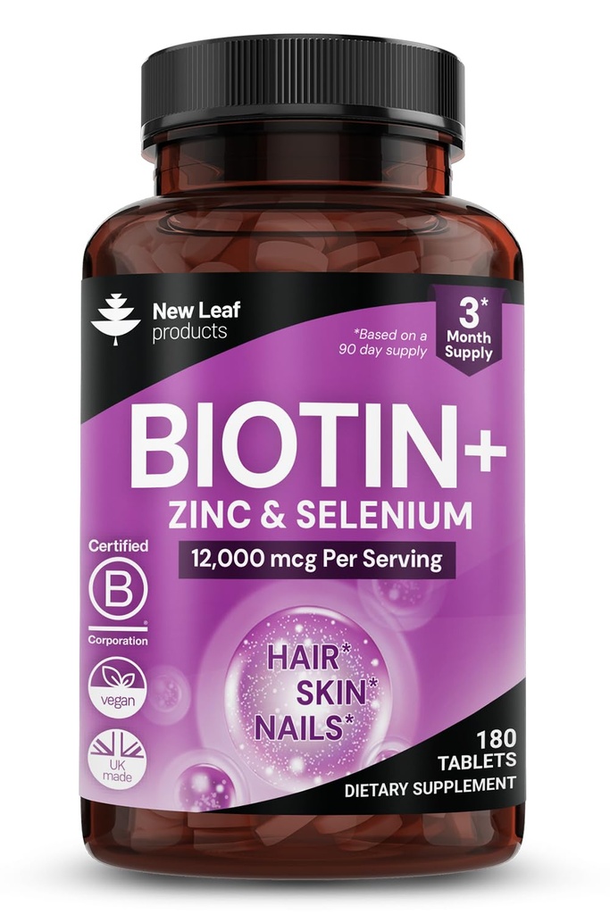 Βιοτίνη Hair Growth Vitamins 12000mcg Υψηλή δύναμη με λάδι καρύδας - Προάγει υγιή δέρμα μαλλιών & νύχια - Βιταμίνες βιοτίνης για γυναίκες & άνδρες Vegan, συμπληρώματα χωρίς γλουτένη - Made in The UK by New Leaf