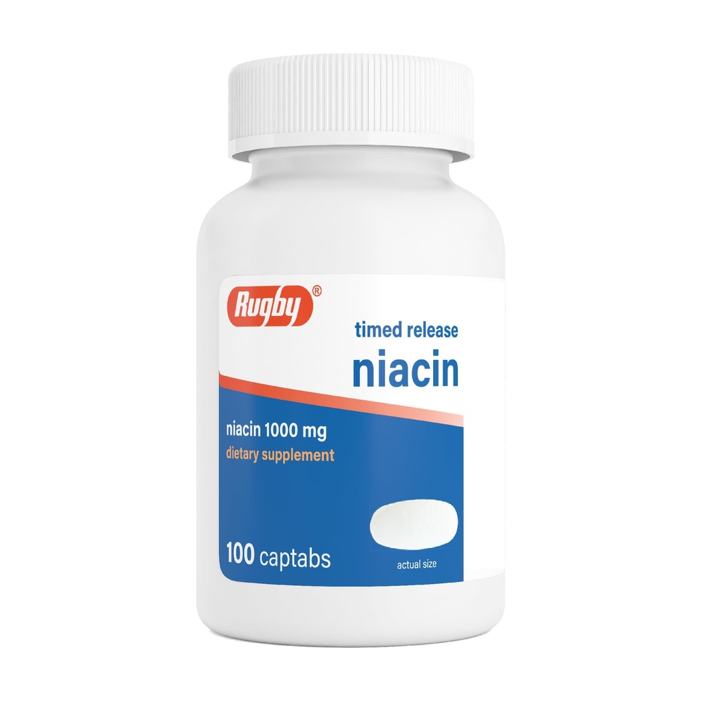 Rugby Timed-Release Niacin 1000mg Dietary Supplement for Adults for Energy, Circulation and Metabolism Support, 100 Captabs (Pack of 1)