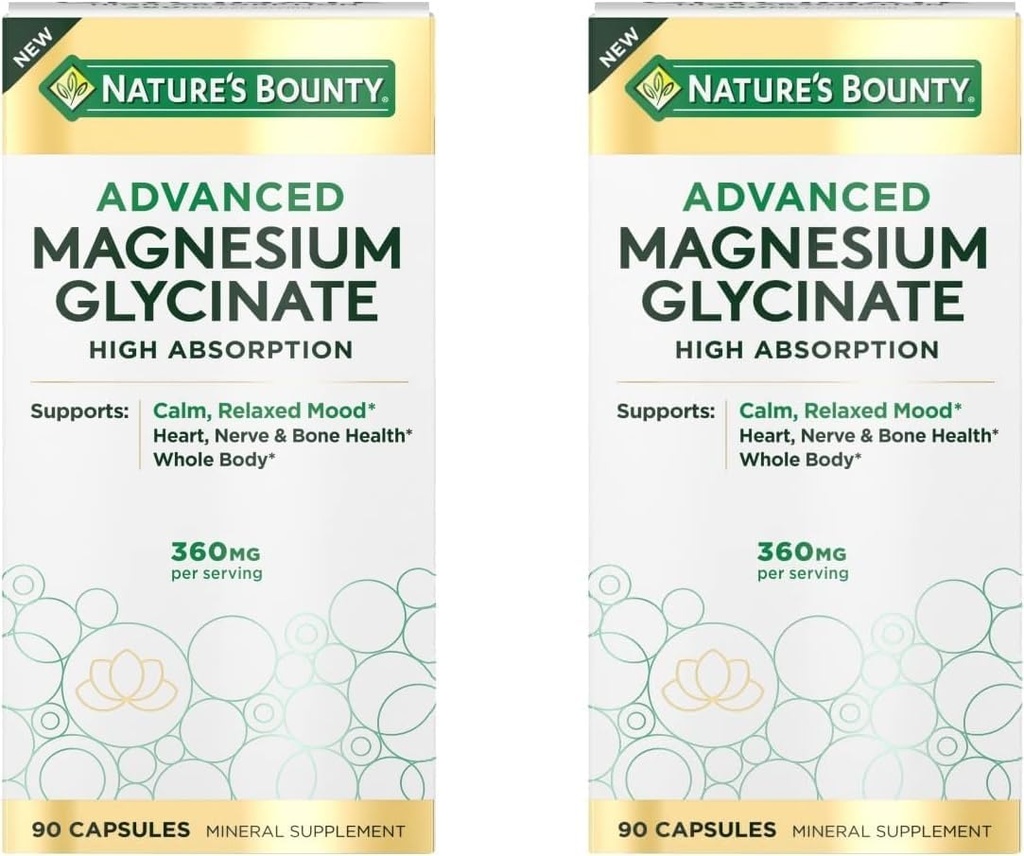 Nature's Bounty Υψηλή Απορρόφηση Μαγνήσιο Γλυκινικό, Υποστηρίζει μια ήρεμη & χαλαρωμένη διάθεση, καρδιά, νεύρα, μυών & οστών υποστήριξη για την υγεία, 90 κάψουλες (πακέτο του 2)