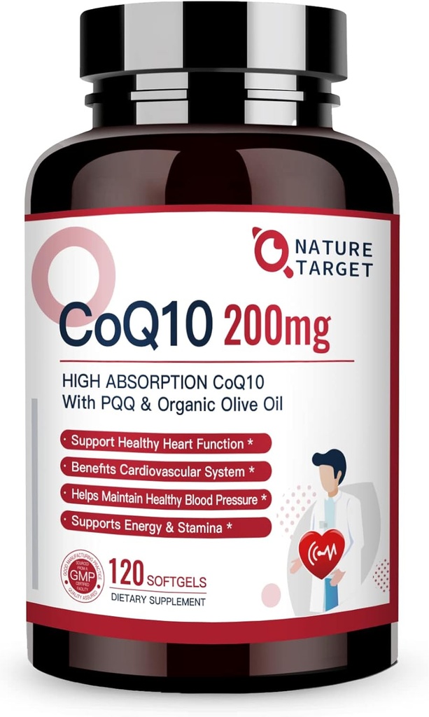 NATURE TARGET CoQ10-200mg-Softgels + PQQ με Organic-Olive-Oil - Υψηλής Απορρόφησης-Συνένζυμο-Q10 - Αντιοξειδωτικό-για-Καρδιά-Υγεία και Ανοσολογική Υποστήριξη, Παραγωγή Ενέργειας, 120 Υπηρεσίες