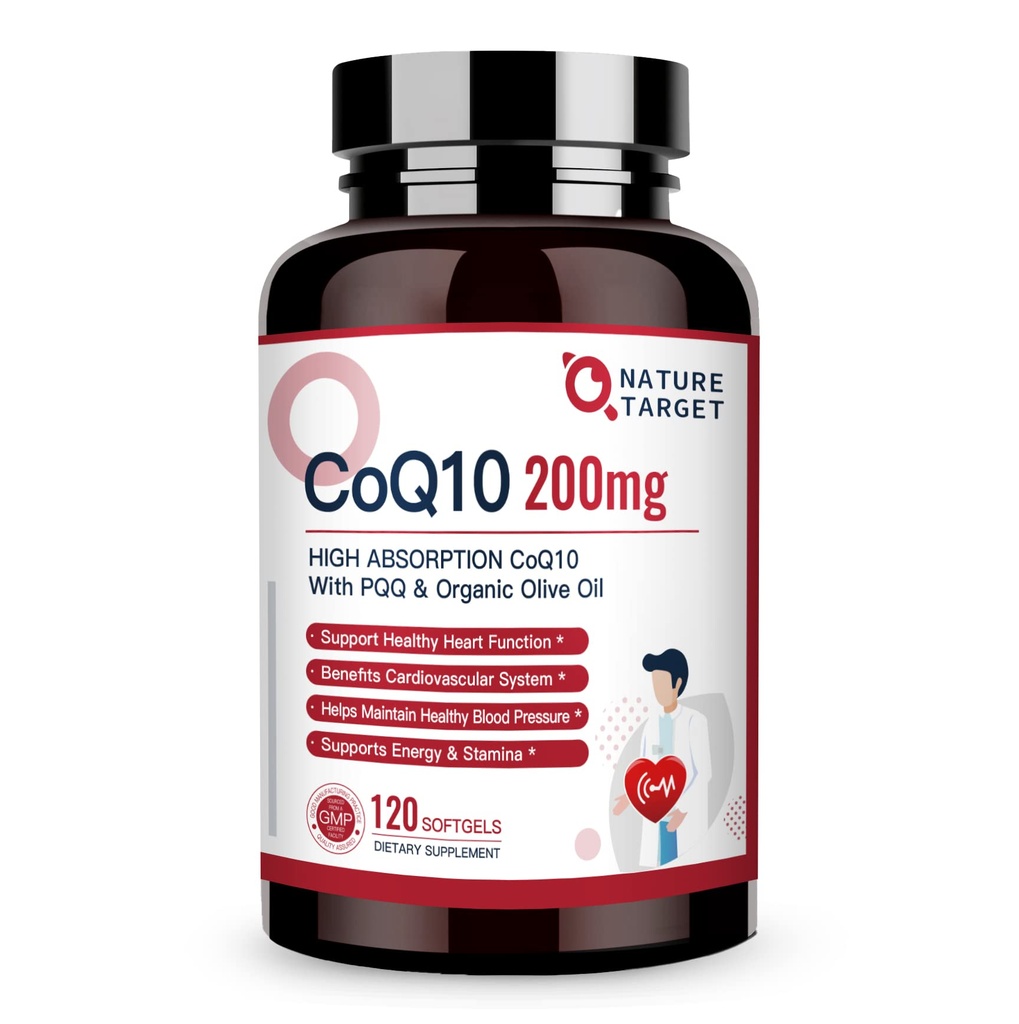 NATURE TARGET CoQ10-200mg-Softgels + PQQ with Organic-Olive-Oil - High Absorption-Coenzyme-Q10 - Antioxidant-for-Heart-Health and Immune Support, Energy Production, 120 Servings