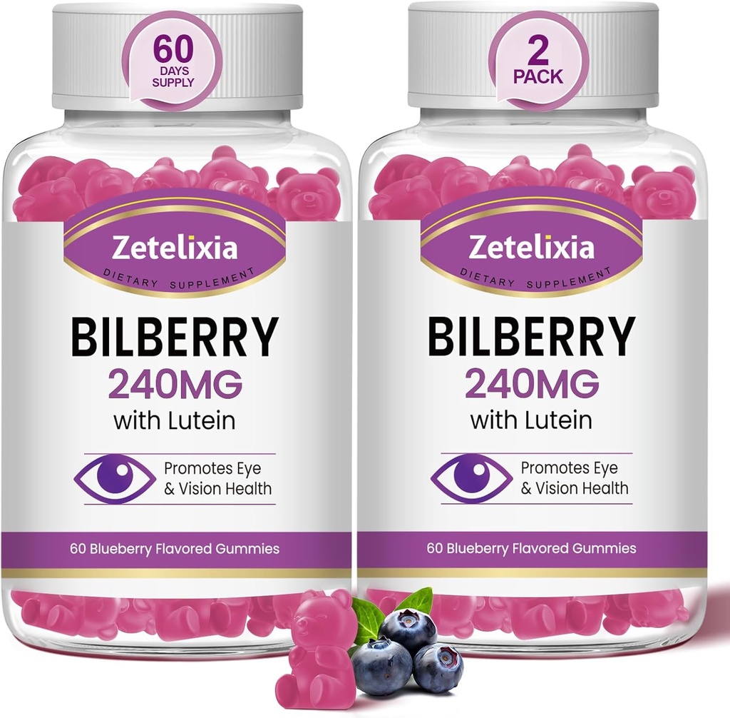 2 Pack Lutein Gummmies Συμπλήρωμα για την υγεία των ενηλίκων, Lutein & Zeaxanthin Συμπληρώματα Βιταμίνες ματιών Gummies, Bilberry με Lutein για την προώθηση του ματιού και της όρασης - 120 Gummies