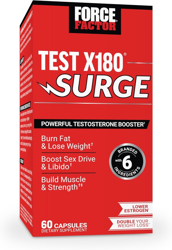 Force Factor Test X180 Surge Testosterone Υποστήριξη για τους άνδρες, Ανδρική ζωτικότητα Ενίσχυση συμπλήρωμα, Προώθηση μυών & δύναμη, βάρος υποστήριξης, Boost Long-Lasting Energy, 60 κάψουλες