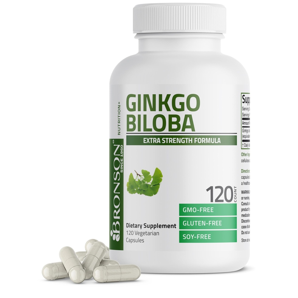 Bronson Ginkgo Biloba επιπλέον δύναμη υποστηρίζει τη λειτουργία του εγκεφάλου και την υποστήριξη μνήμης, 120 κάψουλες χορτοφάγων
