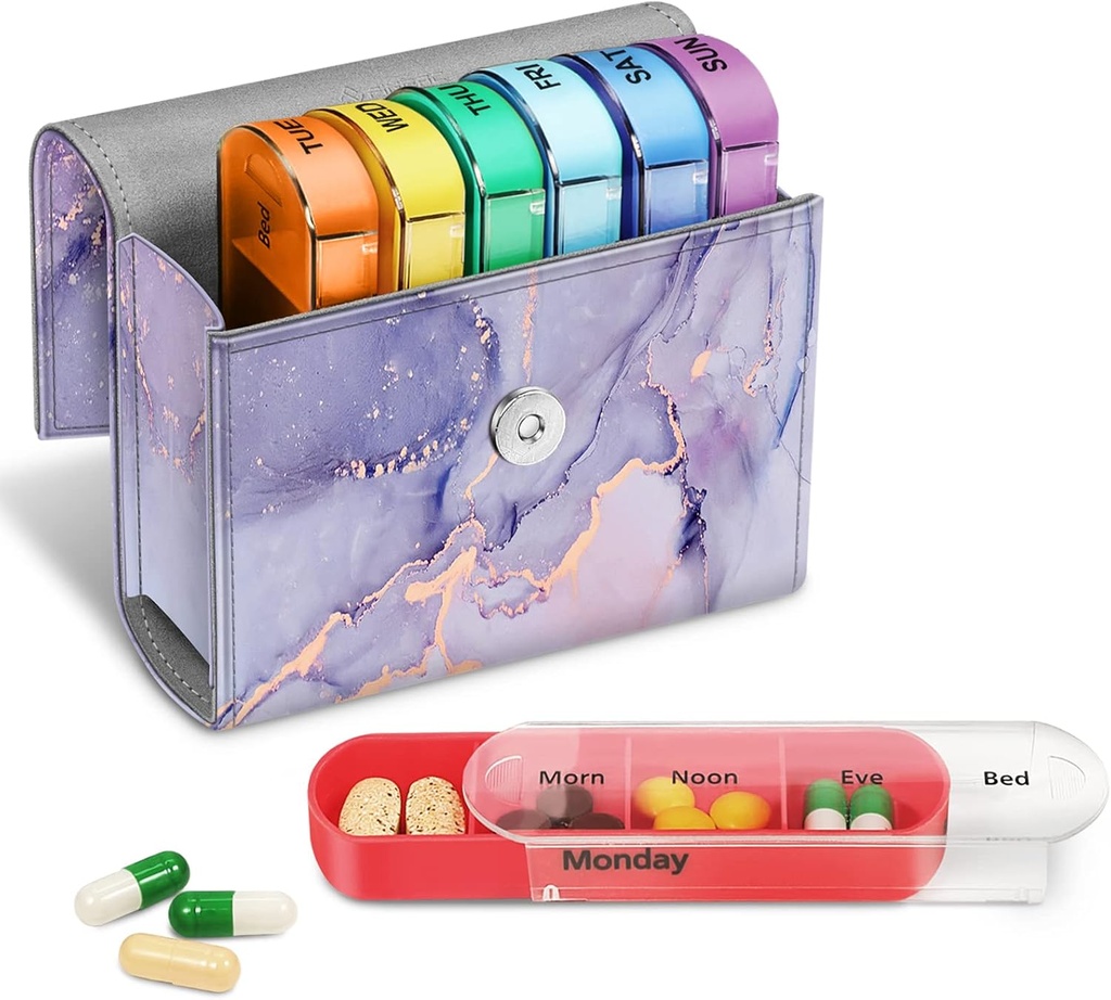 FINPAC Weekly Pill Organizers 4 φορές την ημέρα, Slide Open PU Δερμάτινη Θήκη Travel Pill Vitamin Medicine Υπενθύμιση και Planner με την κάρτα όνομα για το πρωί