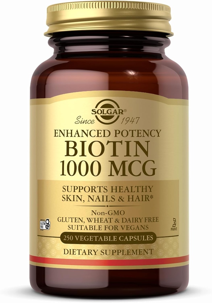 Solgar Biotin 1000 mcg - 250 κάψουλες λαχανικών - Υποστηρίζει υγιεινό δέρμα, νύχια & μαλλιά - μη ΓΤΟ, Vegan, χωρίς γλουτένη, χωρίς γαλακτοκομικά, Kosher - 250 σερβιέτες