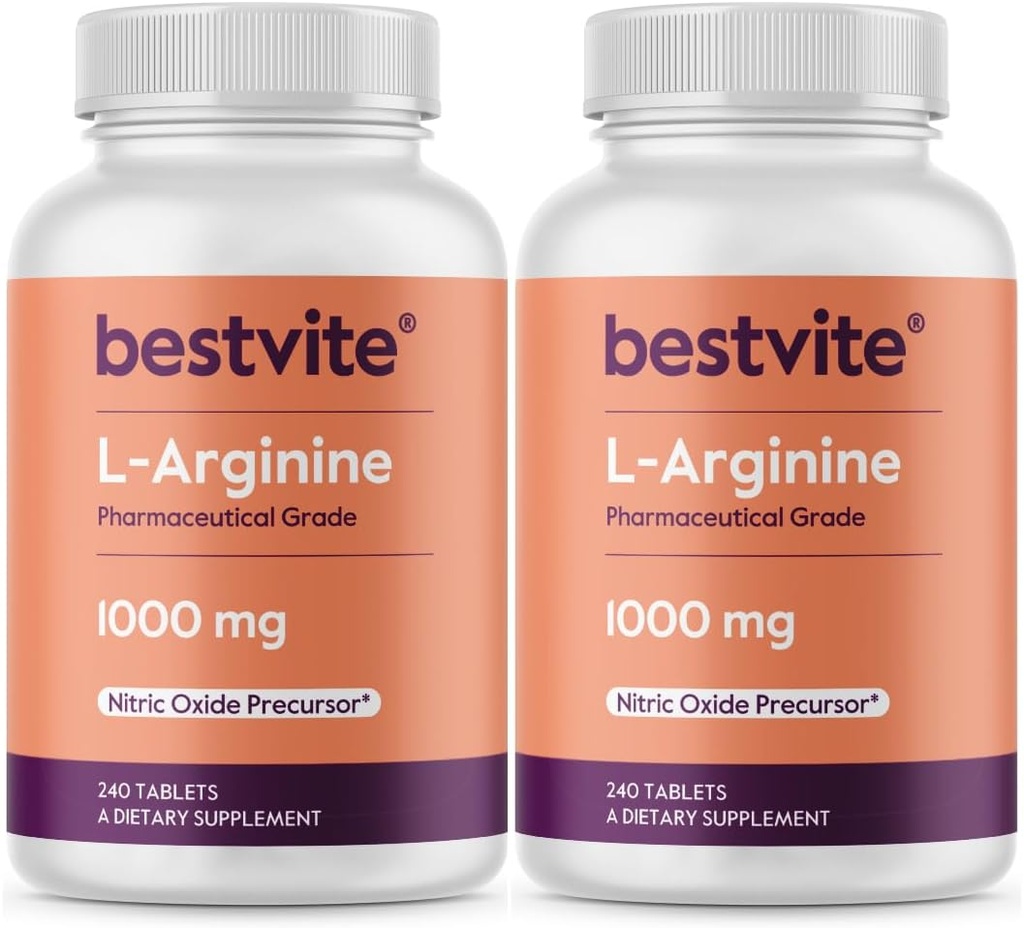 BESTVITE L- Αργινίνη 1000mg ανά δισκίο (480 δισκία) (240 x 2) – Φαρμακευτικός Βαθμός – Περιέχει 20% Περισσότερα Αμιγής Αργινίνη Σε σύγκριση με Αργινίνη HCl – Nitric Oxide Precursor*