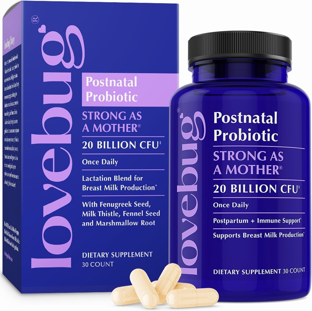 Lovebug Postnatal Probiotics - 20 Billion CFUs Multi Strain for Breastfeeding -with Fenugreek, Milk Thistle & Fennel,Supports Breast Milk & Gut Health, Postpartum Essentials, 30 Capsules